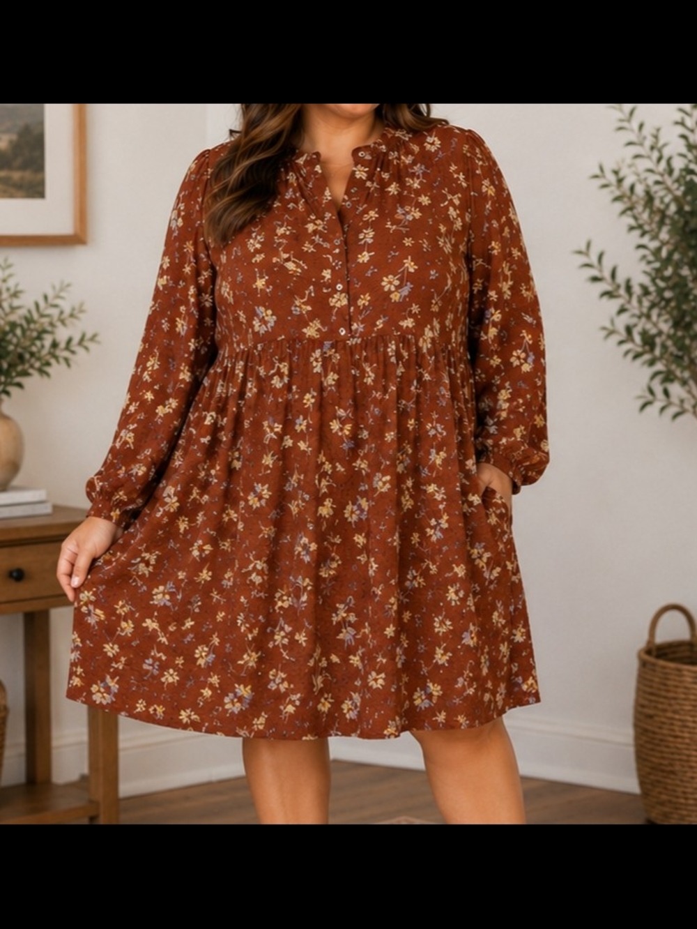 Madewell Floral Dress 3X Rust Brown Boho Cottagecore Long Sleeve Knee Lenght